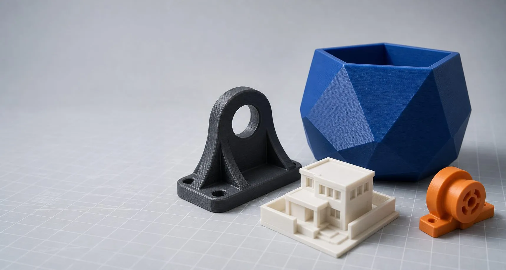 Koleksi contoh planter, bracket, miniatur bangunan, dan komponen hasil 3D printing