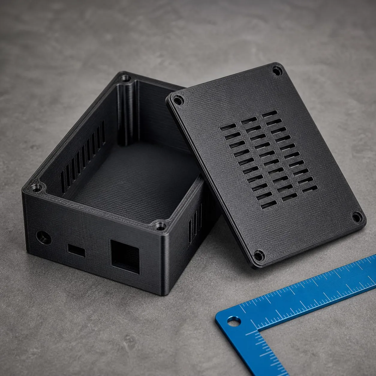 Casing elektronik hitam dengan ventilasi hasil cetak FDM