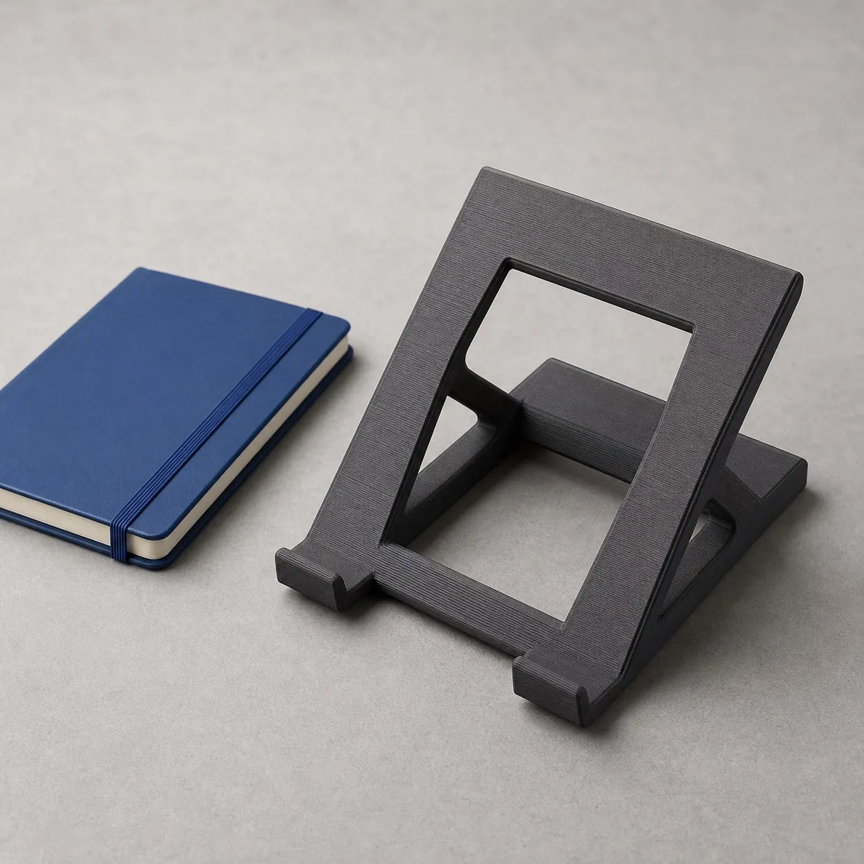 Laptop stand hitam dengan tekstur layer hasil cetak FDM